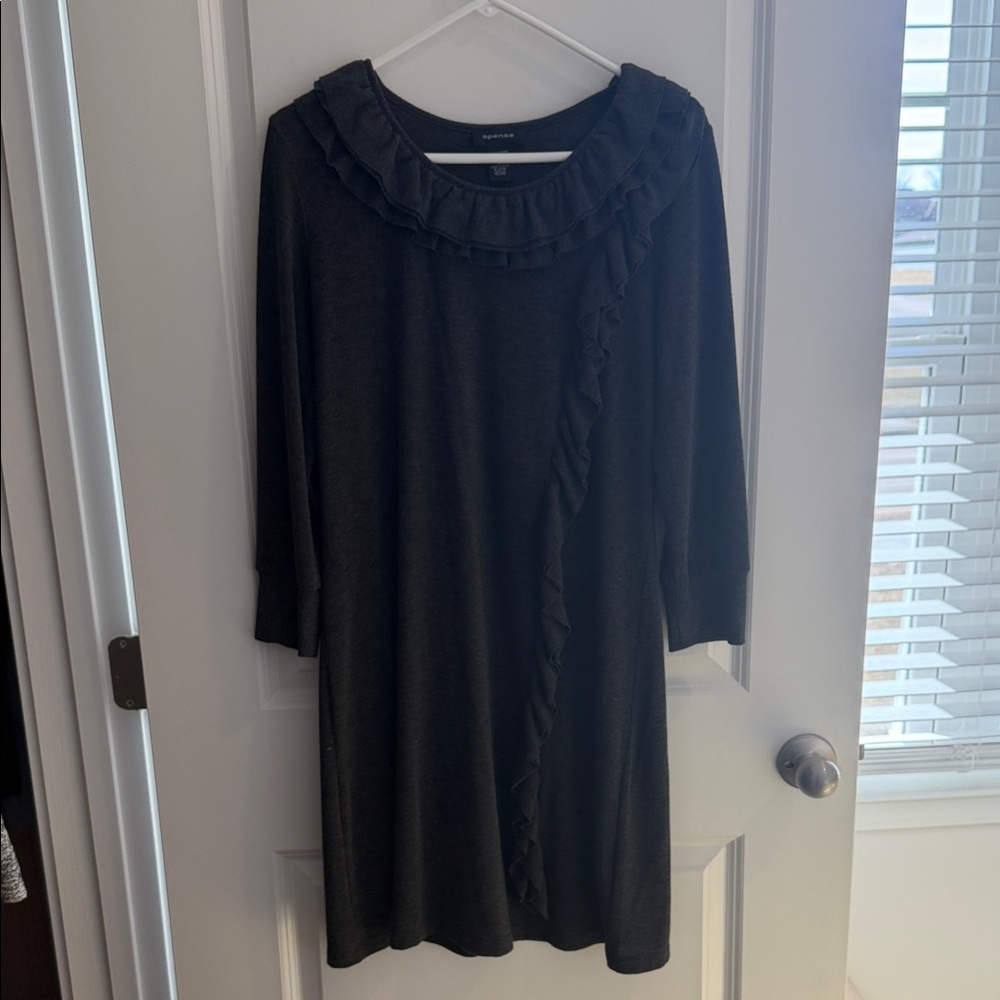 Spense Charcoal Gray Long Sleeve Ruffle Dress